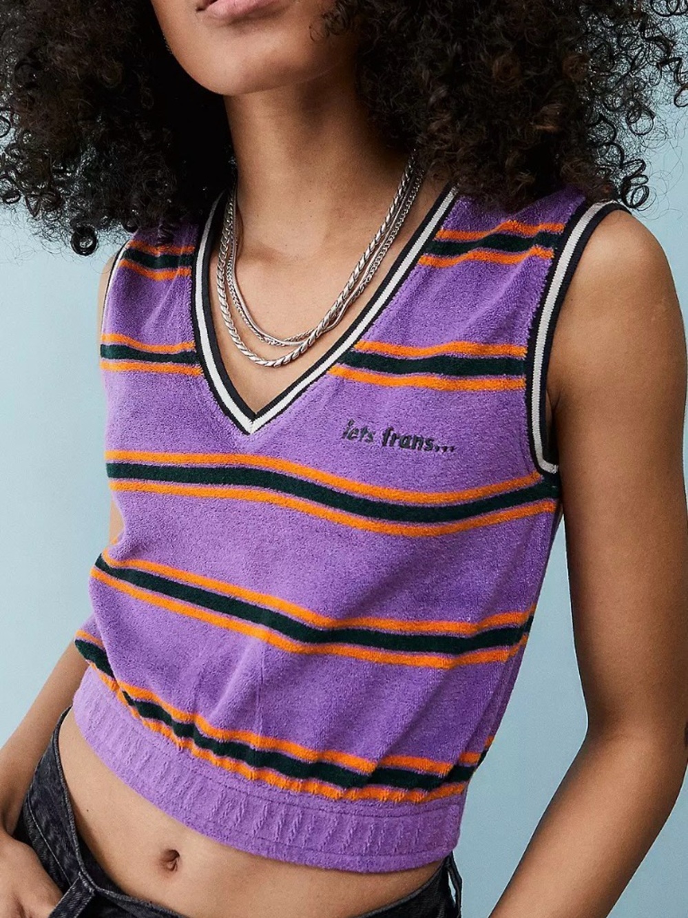 Iets Frans Terry Cloth Stripe Sweater Vest Purple Orange V-Neck Size M